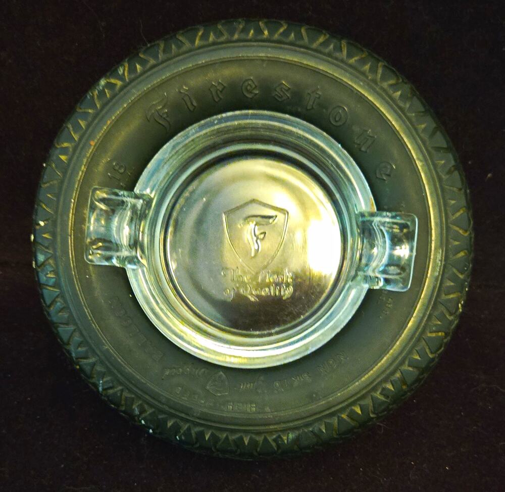 Vintage Firestone Tire Ashtray Clear Glass Mark of Quality Advertising Promo